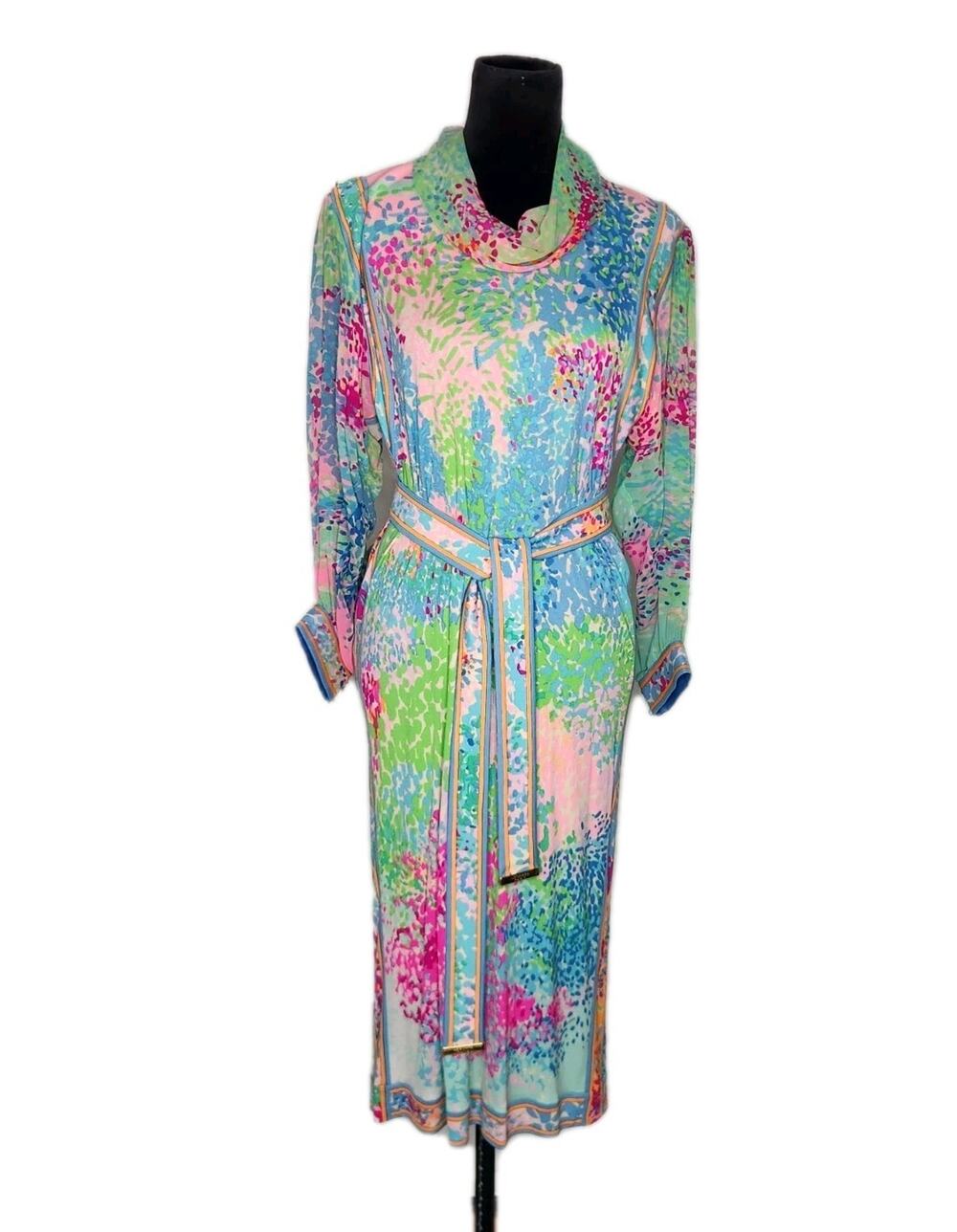 Leonard Paris Vintage 80s Multicolor Silk Shift Belted Midi Dress No Size Tag